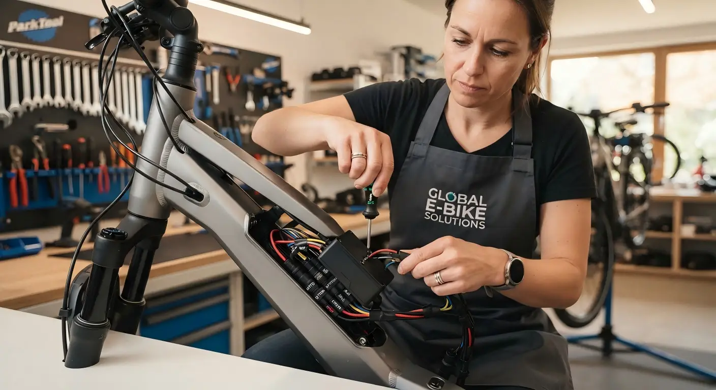 An e-bike technician carefully installing a standardized control system on a bike in a modern workshop.