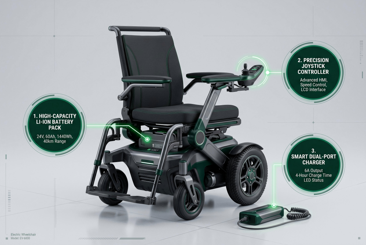 Key Components Affecting Wheelchair CE An electric wheelchair with callouts to the battery, controller, and charger