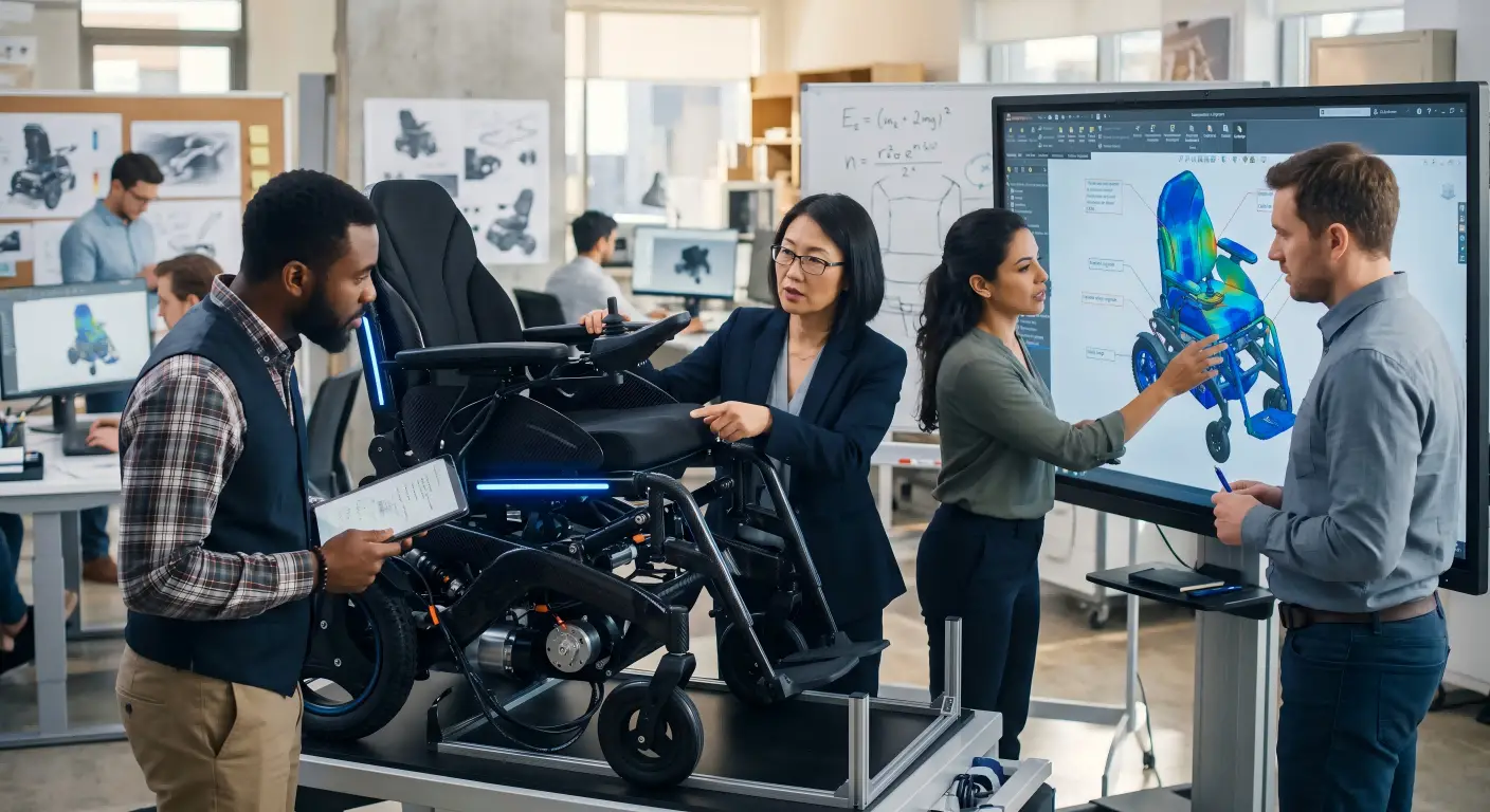 A designer pointing to blueprints of an electric wheelchair with a client