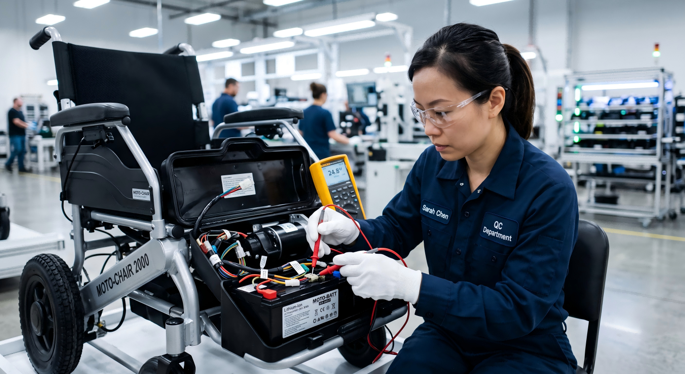 Verifying manufacturer quality control quality control inspector checking a wheelchair