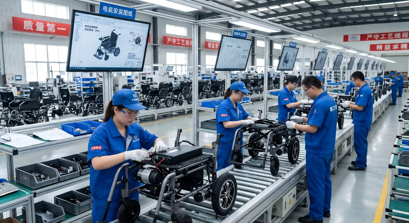 A quality control inspector checking the components of an electric wheelchair