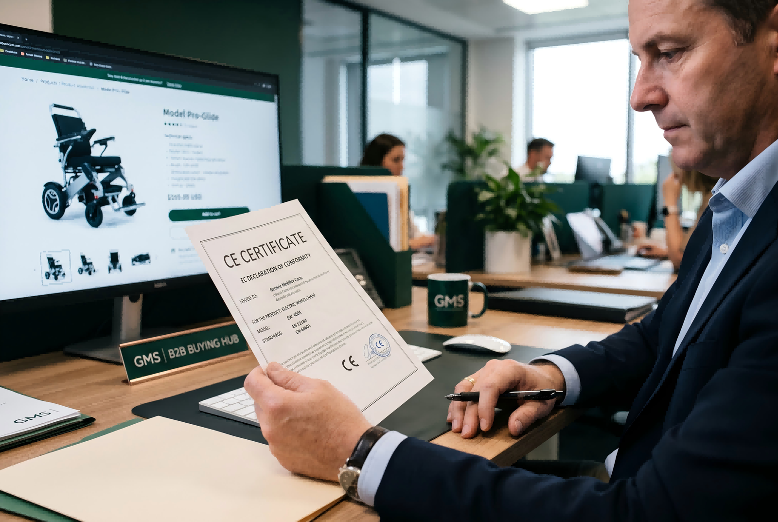 Verifying CE Documents for Electric Wheelchairs An inspector reviewing documents next to an electric wheelchair