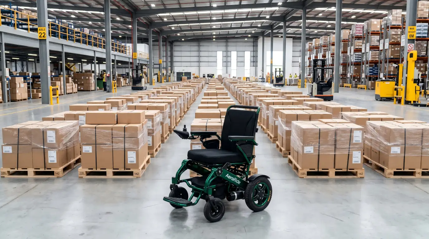 Importing Electric Wheelchairs from China A warehouse full of boxed electric wheelchairs ready for shipping