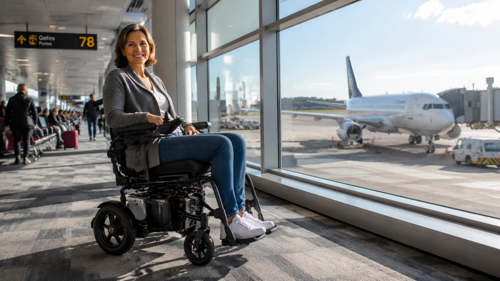 Taking an Electric Wheelchair on a Plane A woman smiling while sitting in her electric wheelchair in an airport terminal, ready to board a plane.