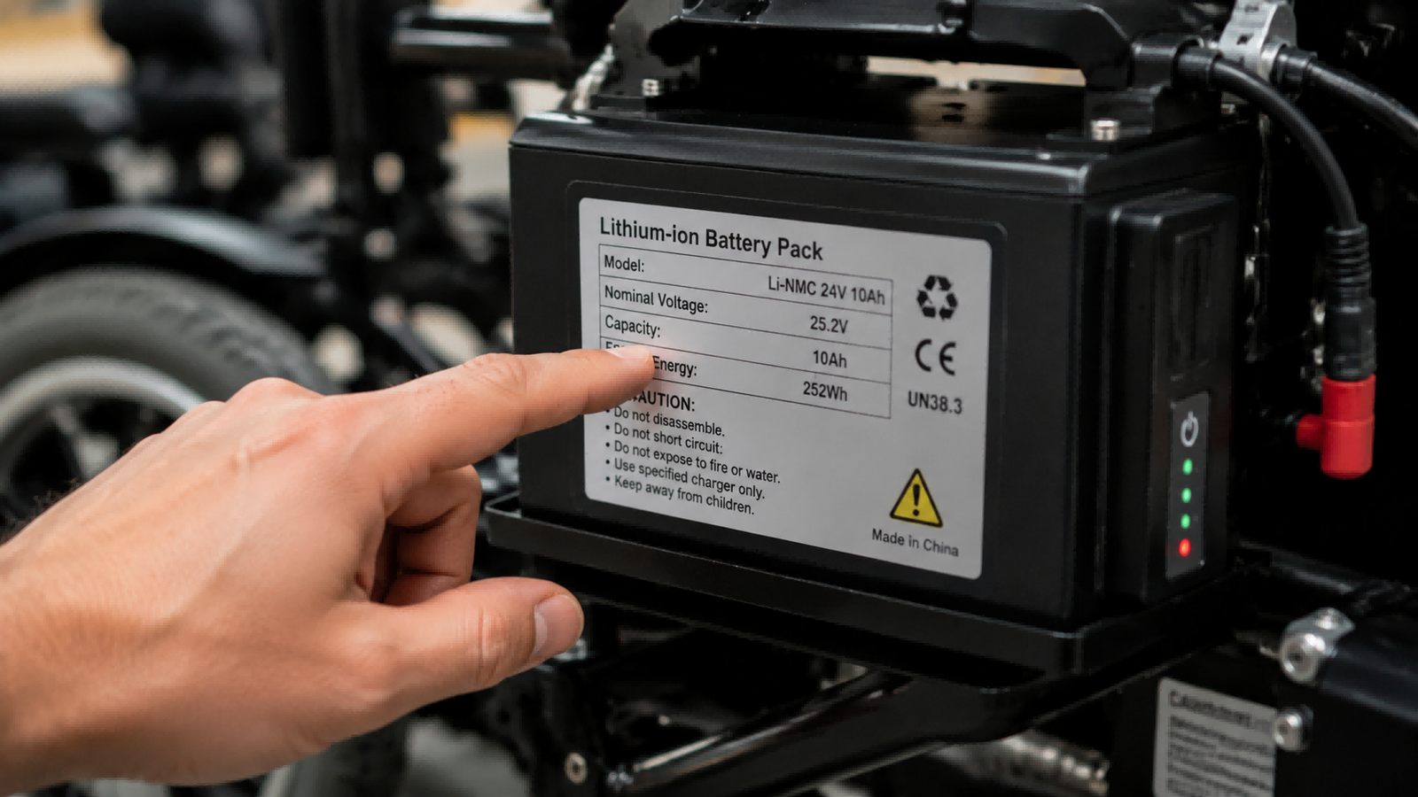 Electric Wheelchair Battery Specifications Close-up of a lithium-ion battery for an electric wheelchair, with voltage and amp-hour ratings clearly visible.