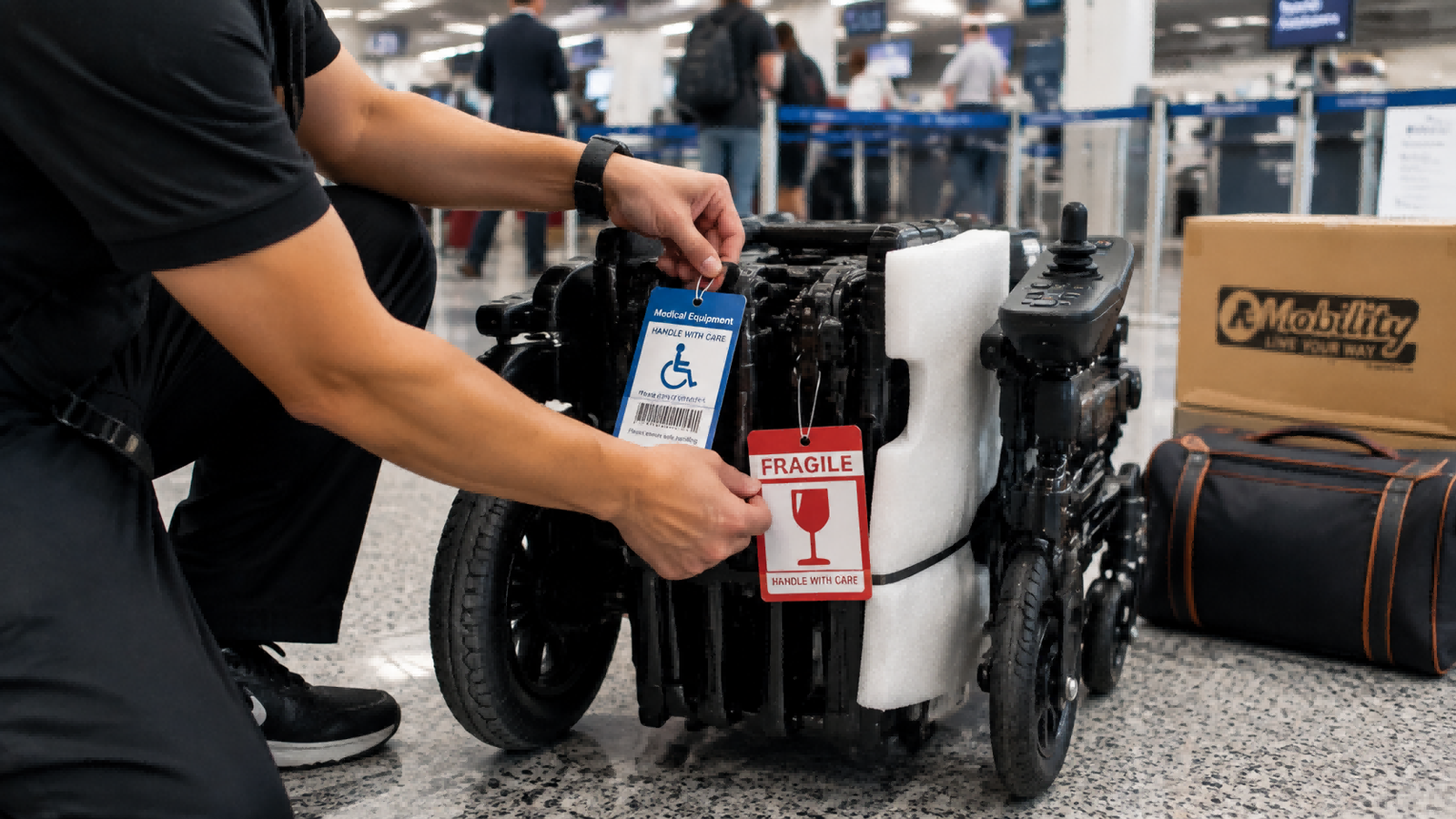 Preparing an Electric Wheelchair for Flight A person attaching a label with contact information and handling instructions to a folded electric wheelchair.