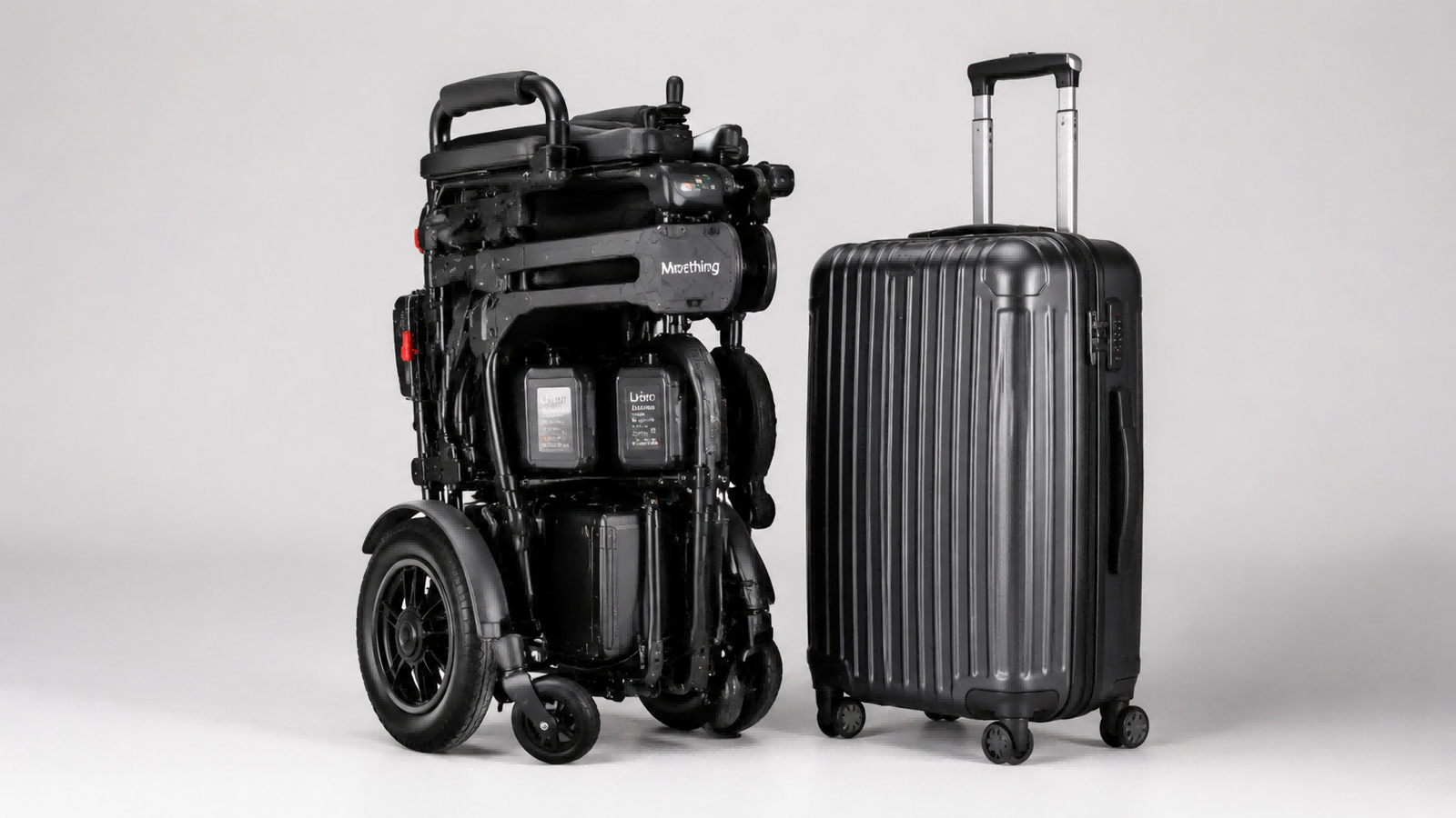 Travel-Friendly Foldable Electric Wheelchair A compact, lightweight, foldable electric wheelchair standing next to a carry-on suitcase, showing its travel-ready size.