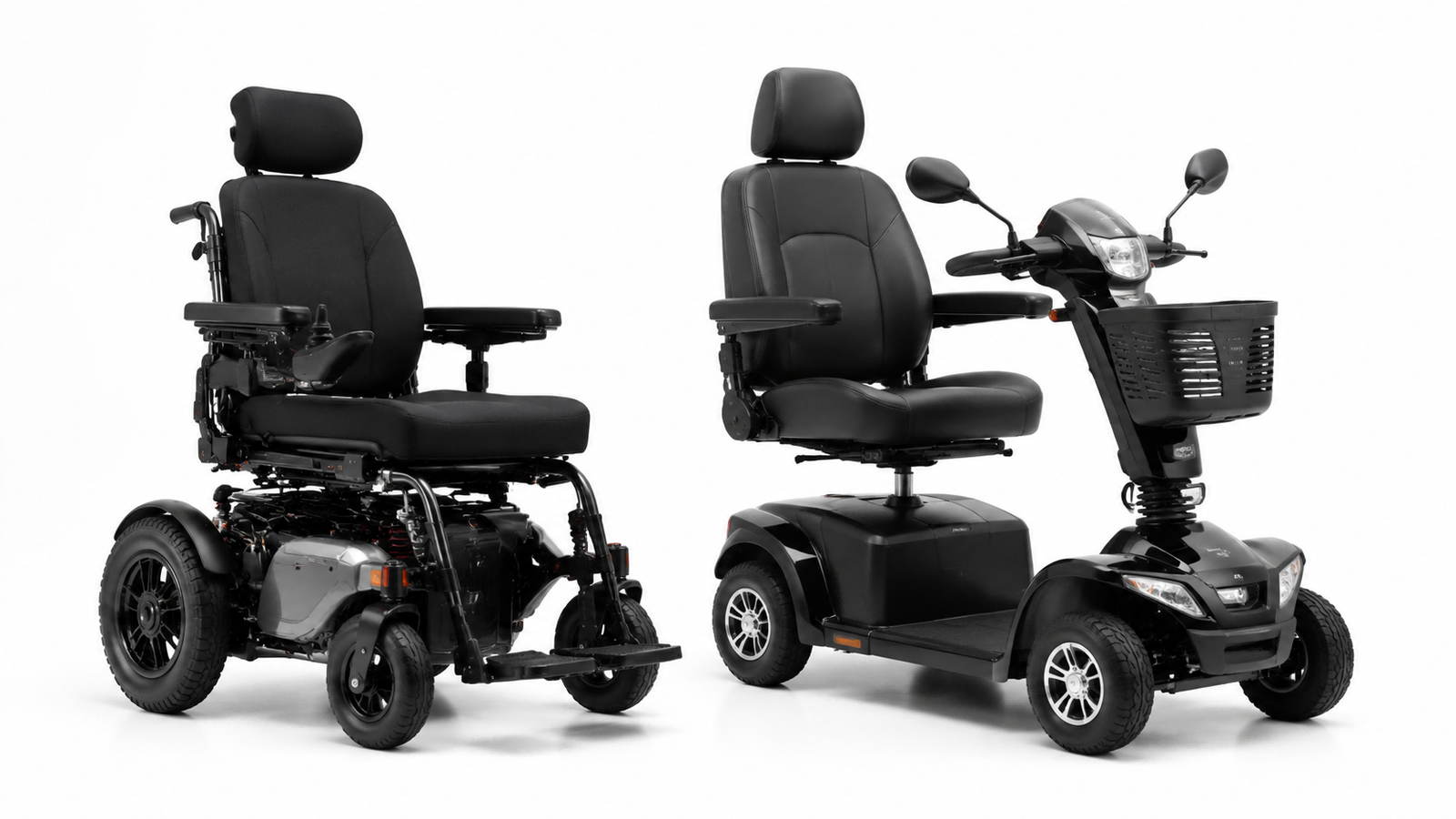 Comparing an Electric Wheelchair vs. a Mobility Scooter An electric wheelchair and a mobility scooter side-by-side to compare their designs.