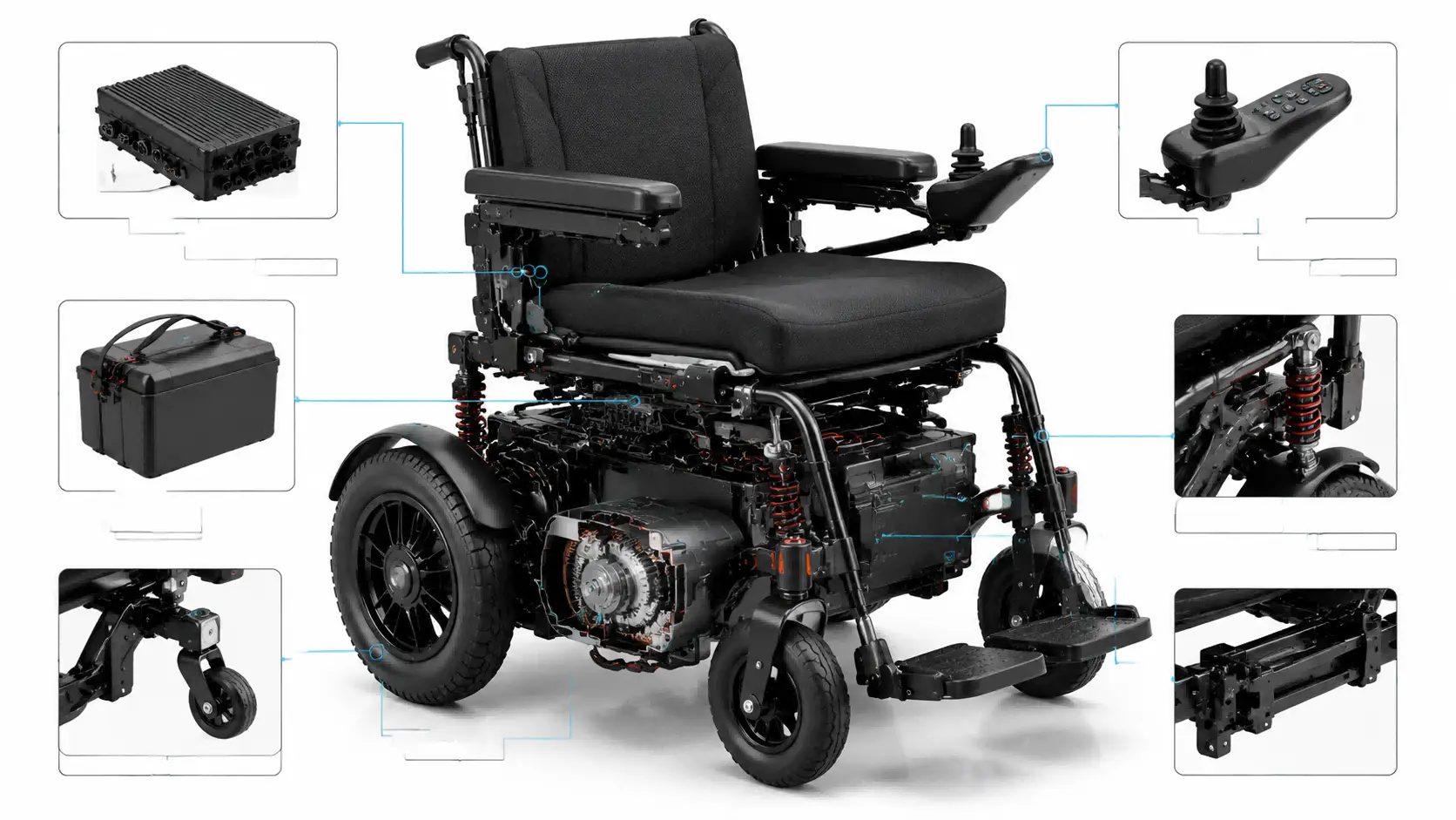 Electric Wheelchair Chassis and Controls A detailed diagram showing the chassis and control system of an electric wheelchair.