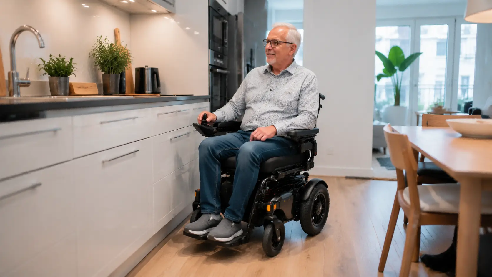 Electric Wheelchair for Indoor Maneuverability A person using an electric wheelchair to navigate a kitchen, highlighting its tight turning radius.