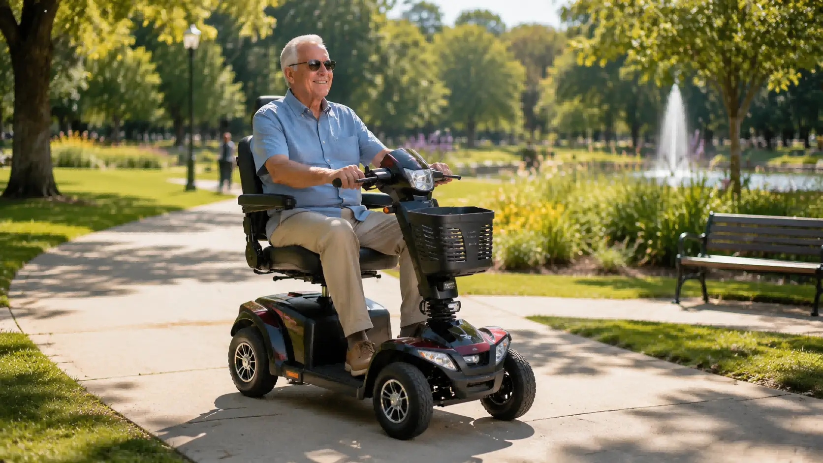 Mobility Scooter for Outdoor Independence A person enjoying a sunny day in a park on a mobility scooter.