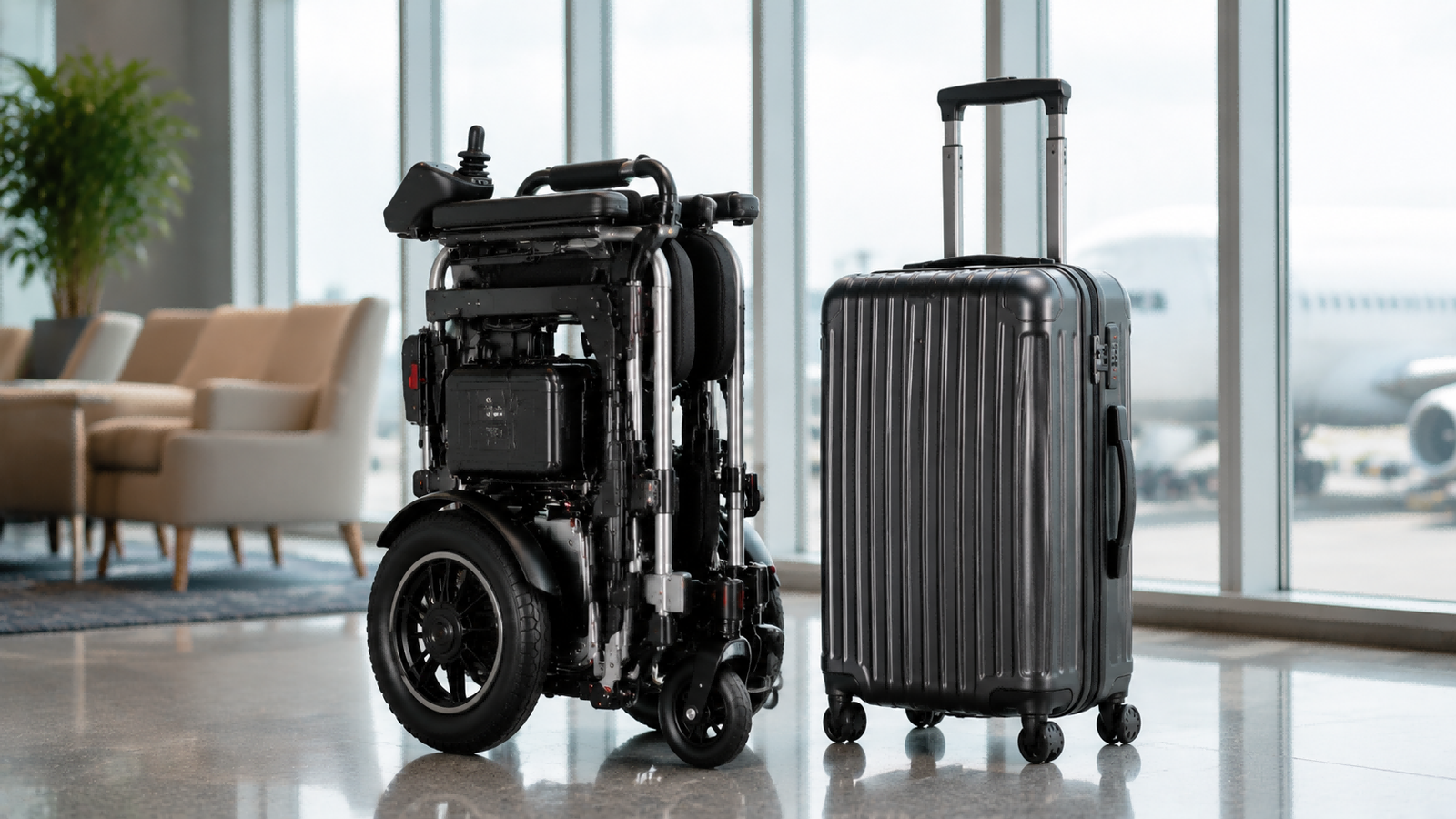 Best Folding Electric Wheelchair for Travel A compact folding electric wheelchair ready for travel beside a suitcase