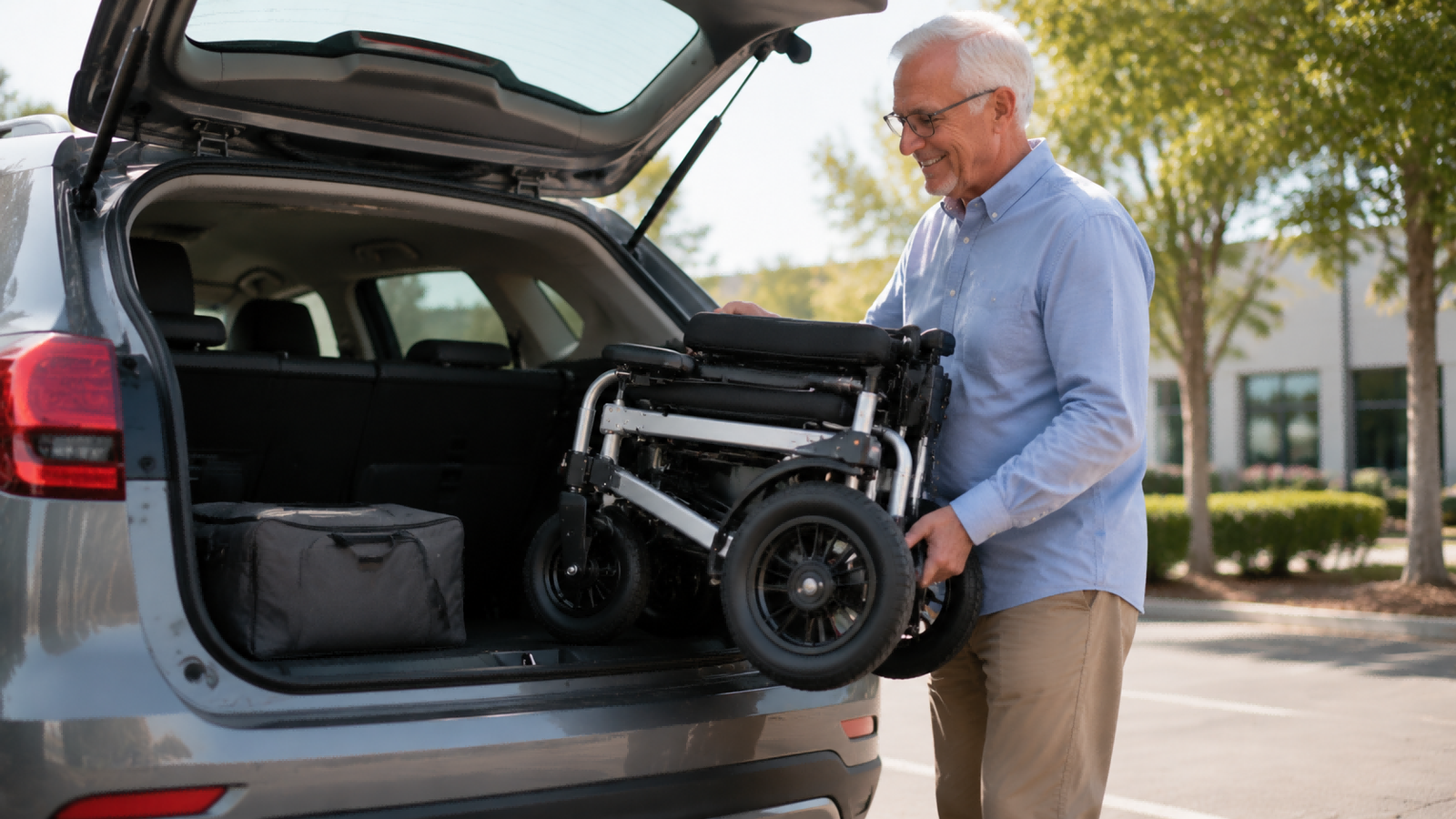 Lightweight Folding Electric Wheelchair Frame Someone easily lifting a lightweight folding electric wheelchair frame into a car trunk