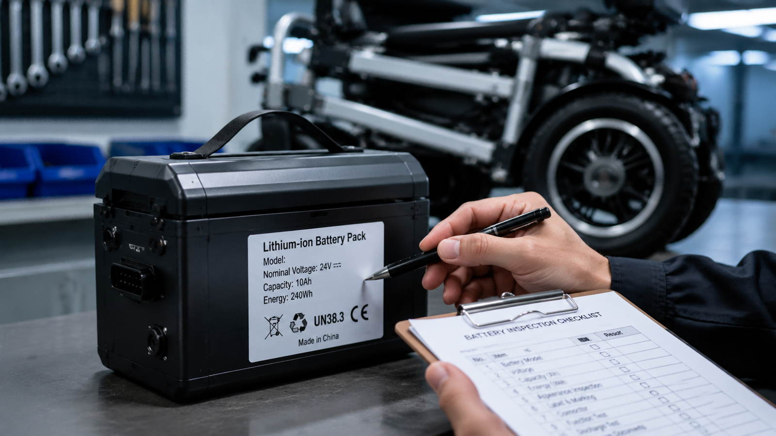Folding Electric Wheelchair Battery and Range Close-up of a lithium-ion battery for a folding electric wheelchair showing specifications