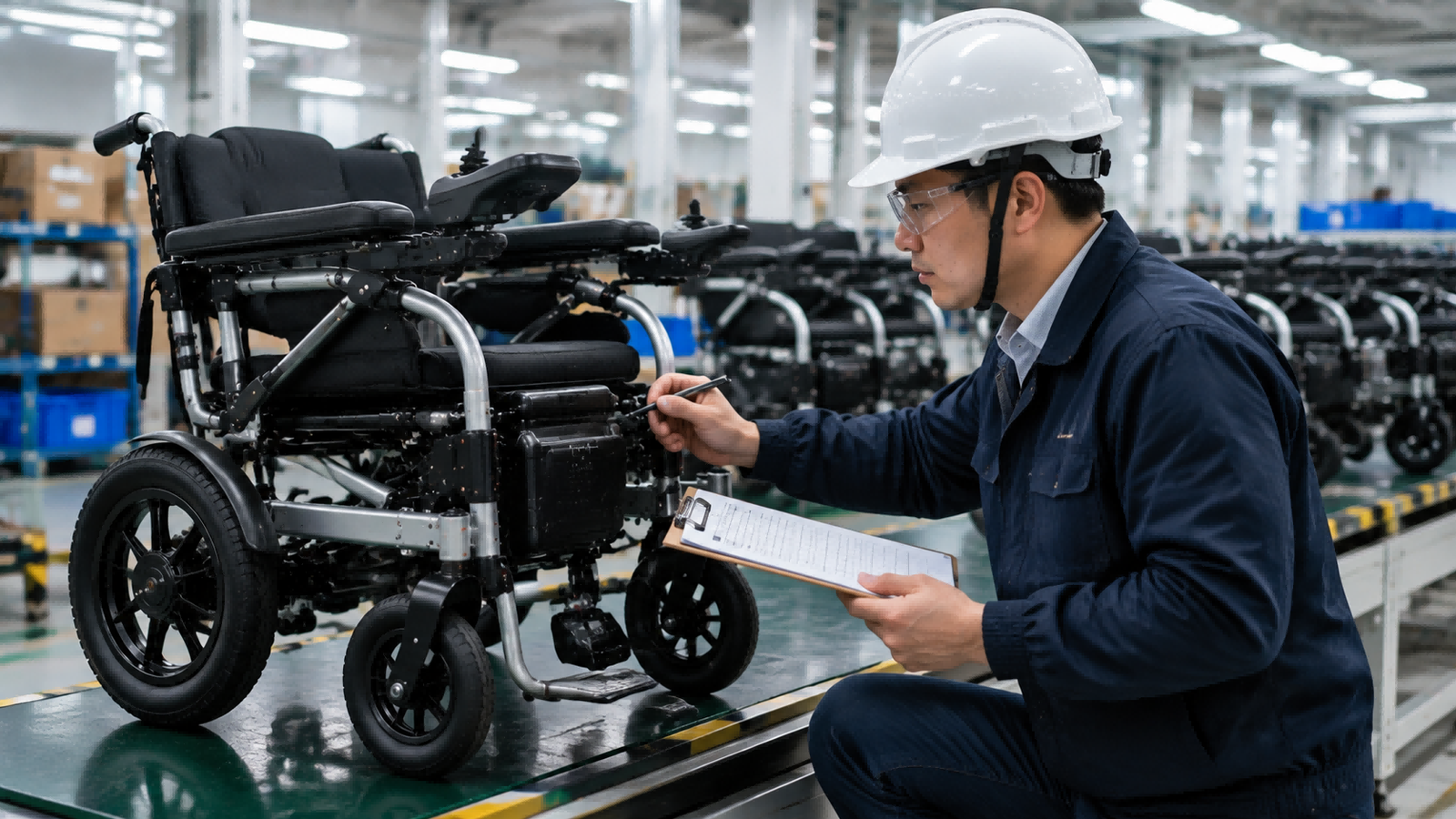 Quality Control for Folding Electric Wheelchair A quality control inspector checking a folding electric wheelchair in a factory