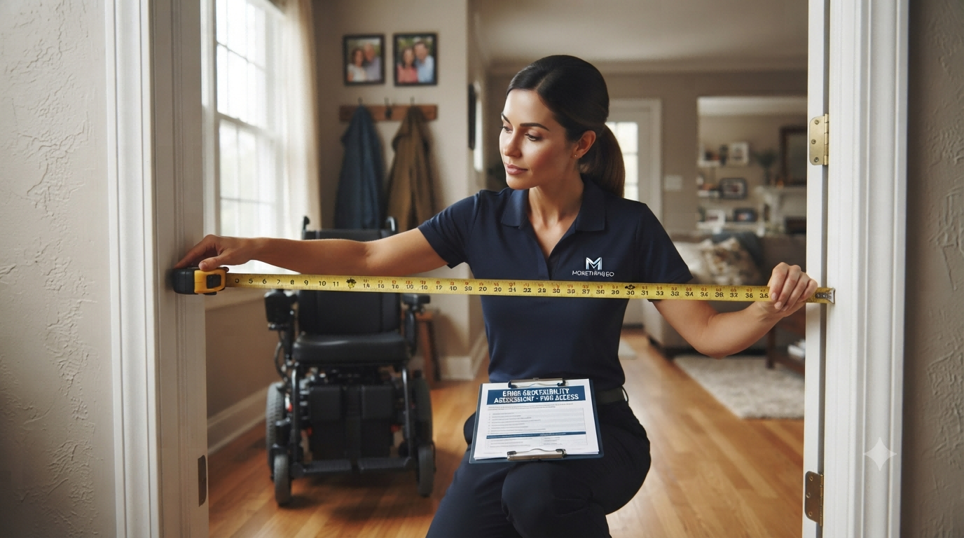 Power Wheelchair Home Assessment A clinician measuring a doorway width as part of a home assessment for a power wheelchair.