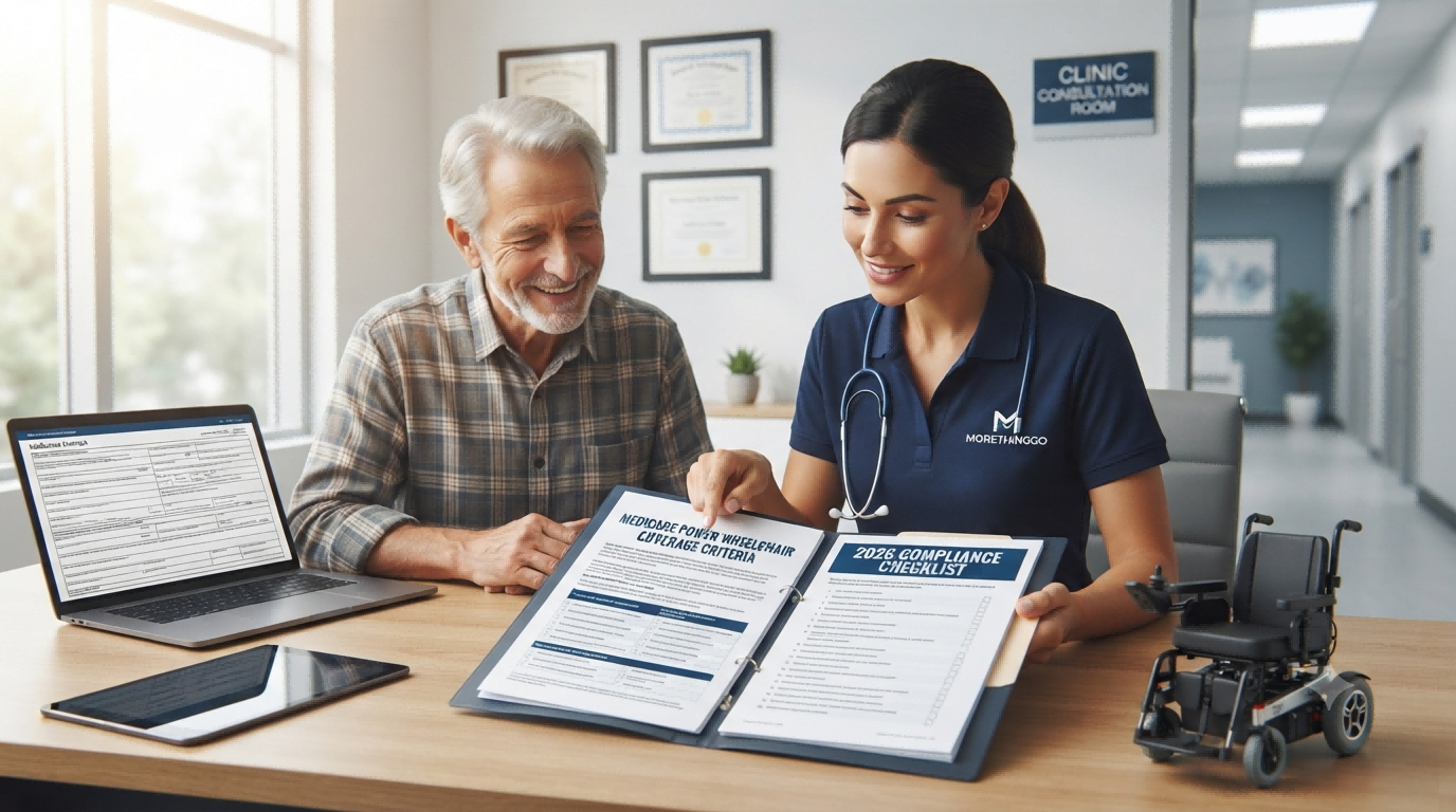 Medicare Coverage for Power Wheelchairs A person in a power wheelchair reviewing Medicare coverage documents for 2026
