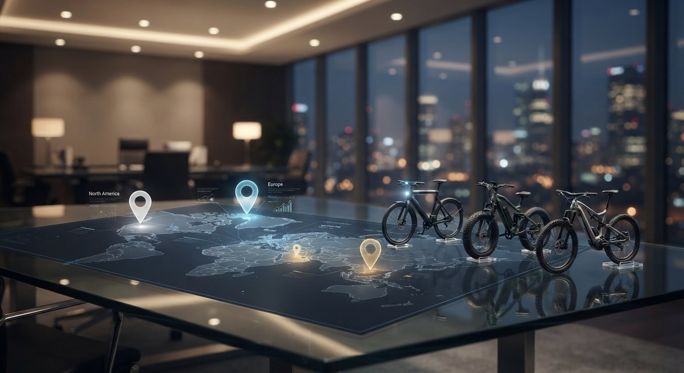 Key Market Differences for E-Bike Brands A world map with pins on Europe, North America, and the Middle East