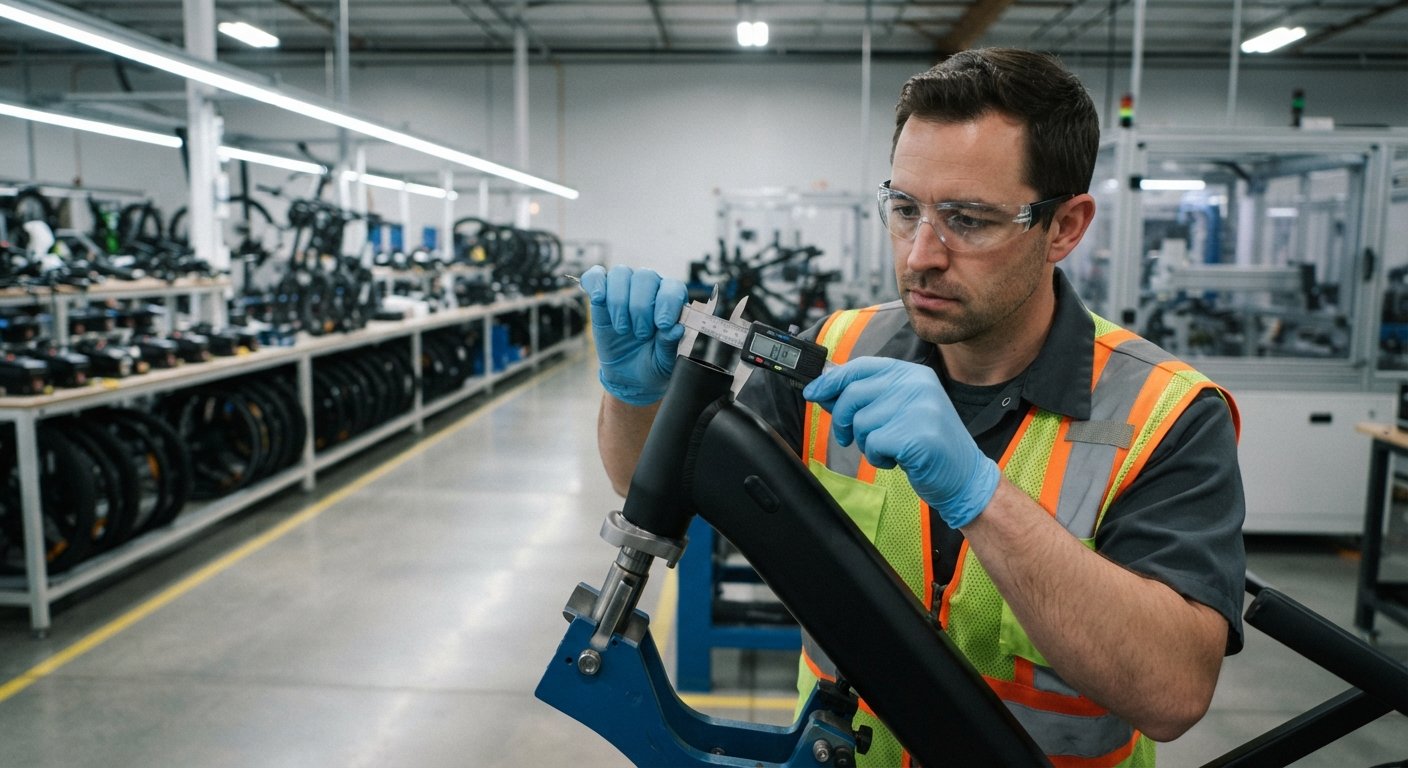 Reliable Supply Chain for Starting an E-Bike Brand A quality control inspector examining an e-bike frame in a factory