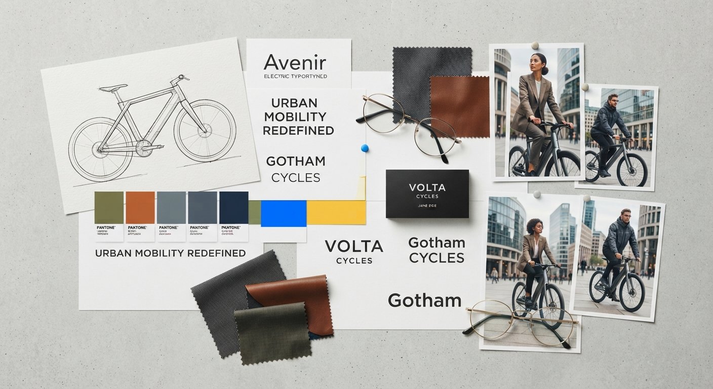 Building a Strong Brand Identity to Start an E-Bike Brand A collage of brand mood board elements for a new e-bike brand