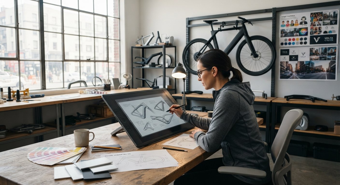 How to Start an E-Bike Brand with a Clear Vision A person sketching e-bike designs on a tablet in a modern workshop