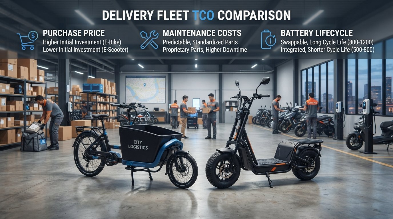 E-Bike vs E-Scooter Total Cost of Ownership An e-bike and an e-scooter side-by-side with cost icons, illustrating the total cost of ownership comparison for delivery fleets.