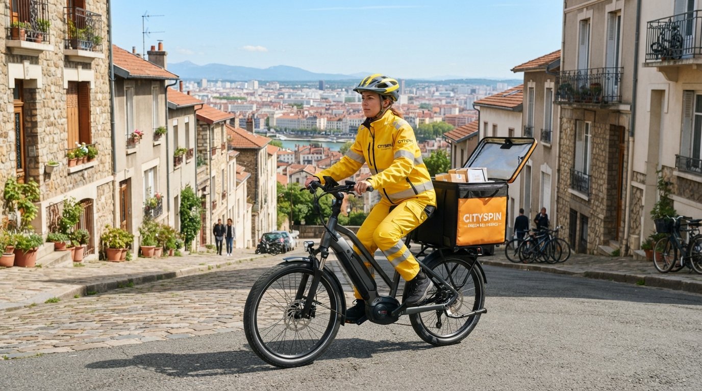 Matching E-Bike Fleet to Delivery Environment A delivery rider on an e-bike navigating a hilly street, showing vehicle-environment matching.