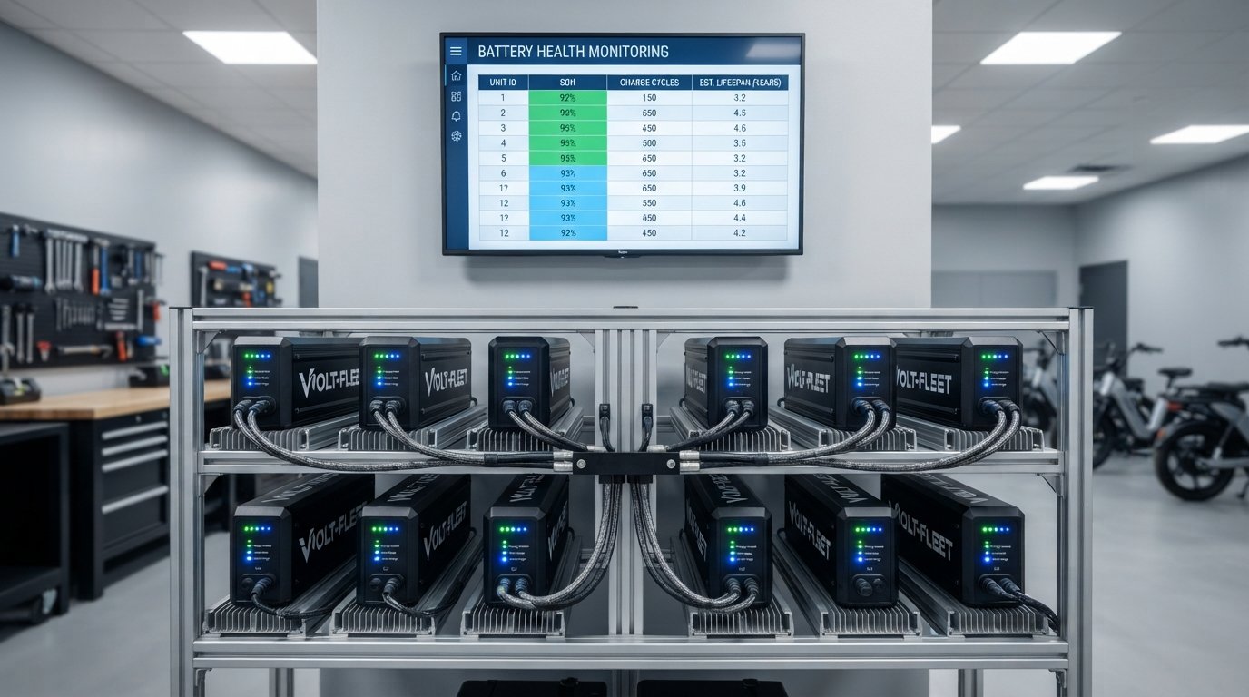 E-Bike Battery TCO and Charging Infrastructure A row of e-bike batteries charging on a rack, illustrating battery lifecycle management for a delivery fleet.