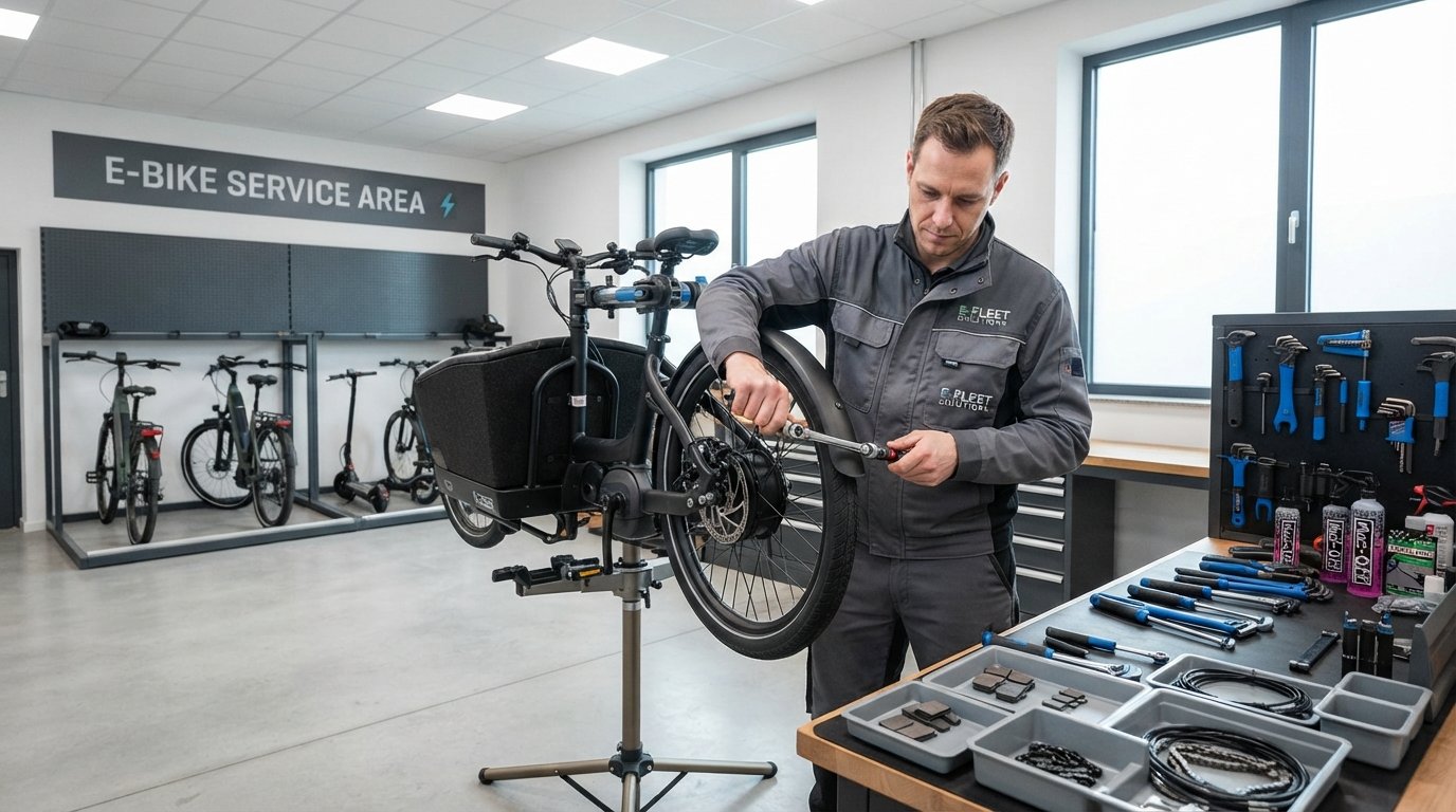E-Bike Fleet Maintenance and Repair A mechanic servicing an e-bike in a workshop, representing fleet maintenance costs.
