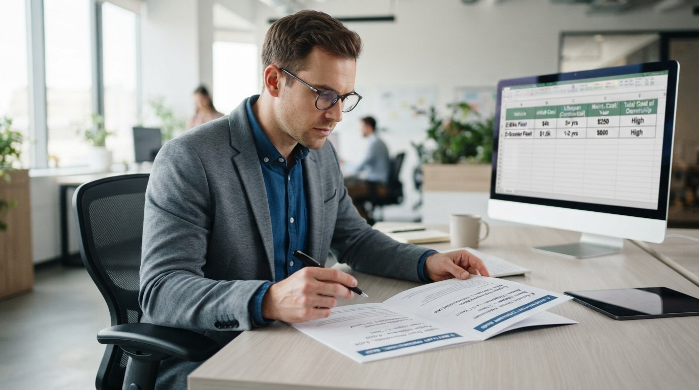 Evaluating Upfront Costs for Delivery Fleets A fleet manager reviewing procurement documents for e-bikes and e-scooters.
