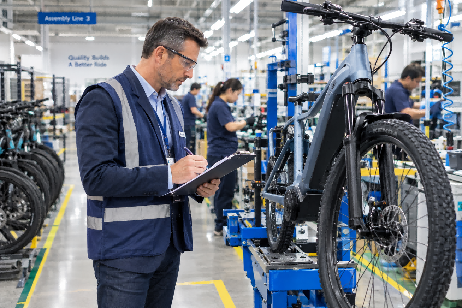 Auditing an E-Bike Factory Production Line Auditor with a clipboard inspecting the assembly line at an e-bike factory.