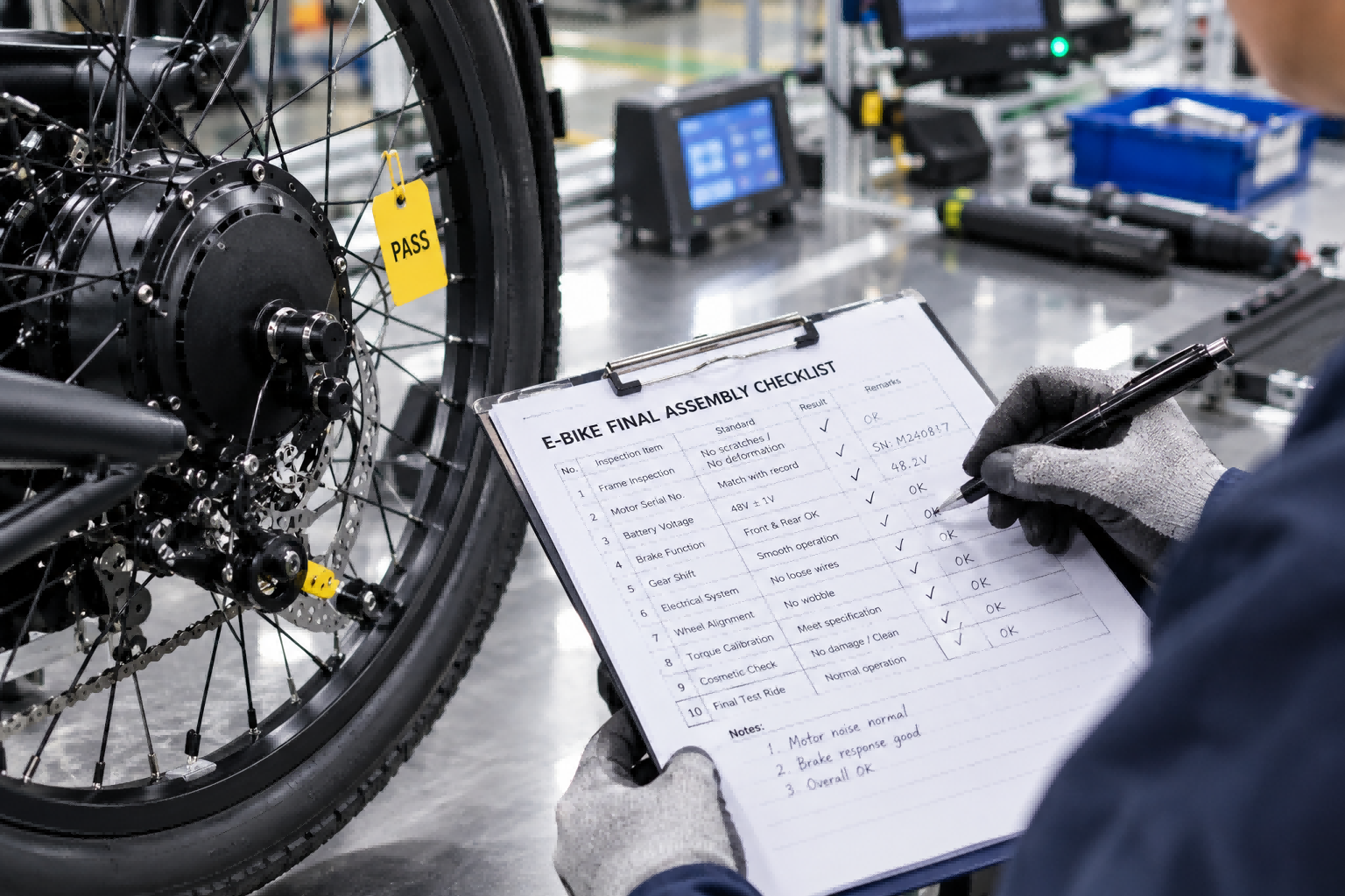 E-Bike Factory Quality Control Checklist Close-up of a quality control inspector's checklist and pen at an e-bike factory.