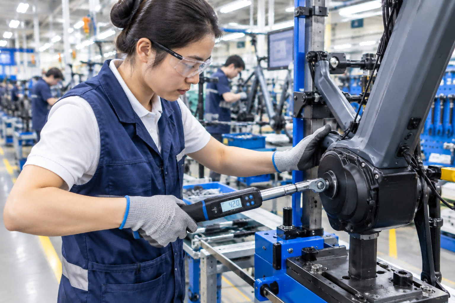 In-Process Quality Control at an E-Bike Factory Worker at an e-bike factory performing an in-process quality check on an e-bike frame.