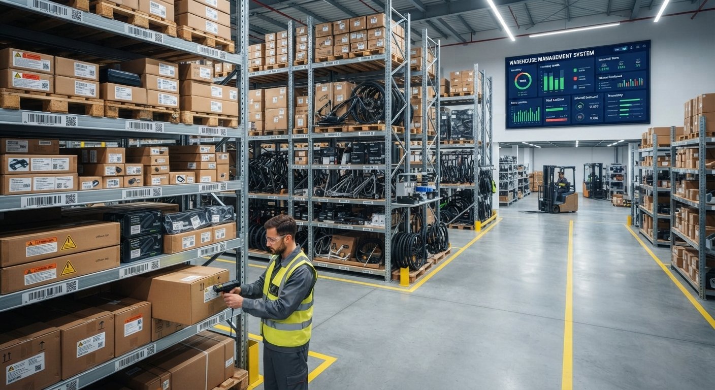 Organized warehouse at an e-bike factory showing clear labeling and barcode system for traceability.